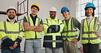 Construction, face or staff on site with unity, contractor or about us in remodeling industry. Building, diversity or happy people with collaboration, architect group or confidence as renovation team