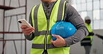 Construction, text or hands on site with phone, task instruction or inspection report in online chat. Typing, man or engineer with ppe, project brief or operations schedule on digital platform.