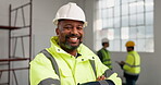 Arms crossed, face and funny with construction worker on site for building or civil engineering. Architecture, laughing and leadership with mature developer in work uniform for project management
