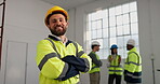 Arms crossed, face and laughing with civil engineer on site for building or property development. Architecture, funny and leadership with happy developer in work uniform for project management