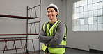 Construction, face or man on site with arms crossed, contractor and about us in remodeling industry. Building, portrait and engineer with smile, confidence and architect in renovation profession.