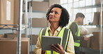 Logistics, tablet and woman with boxes for thinking, stocktake app or shipping parcel. Female person, technology and team by shelves for storage, inventory count and search on supplier database
