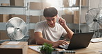 Shipping, laptop and man with fan for hot weather, heatwave and cool down with air flow in office. Computer, person and heat stress, summer fatigue and discomfort problem in distribution startup