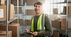 Face, tablet and man with boxes for distribution, laugh and ecommerce app for shipping parcel. Male person, technology and happy by shelves for storage, stockroom and search on supplier database