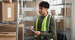 Logistics, tablet and man with boxes for inventory, stocktake app or info for shipping parcel. Happy person, technology and team by shelves for storage, management and search on supplier database
