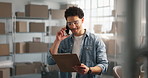 Clipboard, phone call and man in office for shipping info, inventory report or communication. Mobile, talk or happy entrepreneur with delivery schedule, stock checklist or ecommerce in small business
