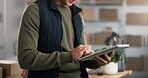 Hands, typing and tablet with logistics startup, shipping website or delivery email feedback. Person, technology and writing newsletter for courier app, blog or distribution info, report or review