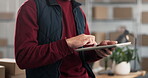 Logistics, tablet and hands of man for distribution, typing and ecommerce app for shipping parcel. Male person, technology and small business with storage, stockroom and search on supplier database