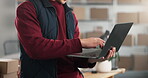 Logistics, laptop and hands of man for distribution, typing and ecommerce app for shipping parcel. Male person, technology and small business with storage, stockroom and search on supplier database