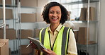 Logistics, tablet and face of woman with boxes for distribution, ecommerce app or shipping parcel. Female person, technology and happy by shelves for storage, stockroom and supplier database search