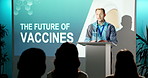 Seminar, microphone and businessman in office with speech at coaching event for future of vaccines. Talking, podium and pharmaceutical executive at conference for presentation on medical innovation.

