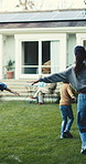 Playing, airplane and parents with children outdoor for holiday, bonding or fun on weekend together. Running, cosplay and kids with mother and father for connection in backyard by home for vacation.