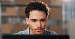 Man, laptop and reading at logistics startup, shipping website and check email with delivery feedback. Person, computer and newsletter for courier app, distribution information or review online