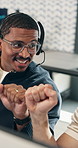 Computer, men or fist bump in call center for celebration, sales incentive and lead generation win. Coworking, PC and happy agent with success, telemarketing bonus or commission for account retention