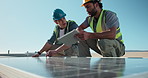 Electrician, team and solar panel outdoor with tablet, inspection and report for installation. People, talking and photovoltaic grid with digital for maintenance, electrical wiring and collaboration