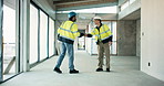 Architect, men and handshake with agreement for construction, building partnership or deal together. Male people, contractor or civil engineer shaking hands on site for property, b2b or maintenance