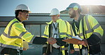Architect, team and handshake with tablet for construction agreement, deal or meeting on site. People, contractor or civil engineer shaking hands with technology for building project or inspection