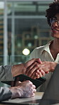 Team, handshake and happy men with tech in office, discussion or planning for pr campaign on website. Creative, collaboration and people with smile, public relations and shaking hands for success