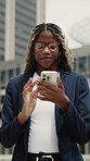 Travel, scroll and phone with business black woman in city for direction, location app and tourist. Social media, smile and online map with person and mobile for navigation, network and journey