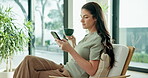 Coffee, woman and scroll with phone in home for dating app, reading profile or browse site. Drink, happy person or relax with mobile in house for online connection, social media post or status update
