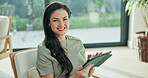 Face, woman and happy with tablet in house for ebook subscription, funny web novel and me time. Digital library, person and laugh with tech in home for chapter release, reading app and weekend break
