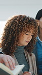 Woman, listen and typing in meeting with tablet, business administration and app for online minutes. Person, team and digital notes in office with tech, update agenda and summary of tasks to do.