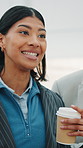 Coffee, discussion and businesswoman with team in office for planning remodeling or renovation. Happy, warm beverage and employee in conversation for property development at startup workplace.