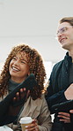 Woman, engineer and team in meeting for construction, planning and review progress of architecture. People, laugh and tablet at site for collaboration, inspection joke and brainstorming for building