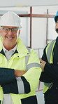 Face, architect and team with confidence for construction, renovation or about us in building site. Portrait, civil engineer or male people with arms crossed for architecture project or development