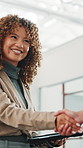 Architect, woman and handshake at construction site with laugh, tablet and renovation project joke. Low angle, happy person and shaking hands in building with architecture, success or humor for team.