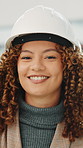 Face, engineer and woman in office with helmet, smile and pride for commercial property development. Happy, person and PPE at building site with engineering career, project supervisor and about us.