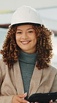 Face, engineer and woman at construction site with tablet, smile or helmet for property development. Happy, person or project supervisor in building with PPE, about us or tech for engineering design.