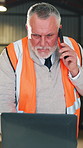 Mature, man or carpenter with phone call on laptop for shipping, wood production or order. Male person, conversation and computer with discussion for schedule distribution or supply chain in workshop