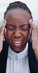 Scream, headache and black woman in office with frustration for deadline, overworked or fatigue. Burnout, shouting and corporate employee with migraine for exhaustion, pressure and time management.