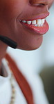 Mouth, call center and woman talking with mic for telemarketing, membership and smile. Sales consultant, headset and person speaking to contact for subscription offer, telesales and lead generation