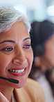 Smile, help desk and woman in call center, conversation or feedback for account enquiry. Happy, contact us or mature person with support service for transaction check, customer care and coworking