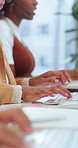 Computer, hands and woman typing in call center, customer care or email response for account enquiry. Help, contact us and consultant with keyboard for support service, transaction check or coworking