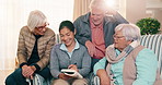 Book, writing and caregiver with senior people in retirement home for bonding, puzzle or solution. Happy, talking and nurse with group of elderly friends for playing sudoku, word search or crossword.