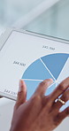 Person, hands and finance with tablet screen, pie chart or graph for performance review in office. Top view, analyst or checking statistics with technology for analytics, financial profit or revenue