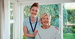 Happy, face and physiotherapist with senior woman in clinic for rehabilitation, consultation or help. Laugh, about us and portrait of healthcare worker with elderly patient for physical therapy.
