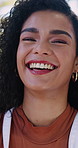 College, face or woman outdoor with laugh, knowledge or positive attitude in study opportunity. Happy, portrait or student with humor, university scholarship or confidence in academic development.