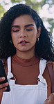 Annoyed, phone and woman outdoor with email for negative feedback on university application. Upset, technology and student texting on mobile app for rejection on college scholarship with cellphone.