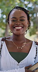 College, face or student on campus with books, knowledge or positive attitude in study opportunity. Happy, bokeh or black woman with confidence, university literature or pride in academic growth.