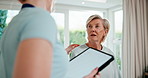 Physiotherapist, tablet and woman in clinic with back pain, discussion and writing wellness report. Physical therapist, mature person and talk with tech, spine injury and stylus for digital notes.