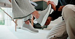 Physio, stretching and old woman foot in clinic with ankle injury, rehabilitation and check mobility. Physical therapist, senior person and help with feet pain, healthcare and checkup for wellness.