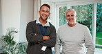 Happy, face and physiotherapist with senior man in clinic for rehabilitation, consultation or help. Smile, crossed arms and portrait of healthcare worker with elderly patient for physical therapy.