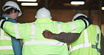 Men, walking and team of construction workers on site with collaboration on building maintenance. Hug, group and back of civil engineers with contractor for positive feedback on renovation or repairs