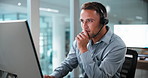 Headset, man and call center agent in office with crm, help desk or voip system for advisory. Happy, tech and technical support consultant with mic for customer service, contact us or communication.