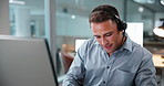 Headset, man and call center consultant in office with crm, help desk or voip system for advisory. Happy, technology and technical support agent with mic for customer service, contact us or talking.