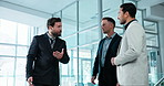 Introduction, men and meeting at office, guidance and real estate with happy corporate clients. Talking, business people and welcome guests, follow on walk and show way for property tour with realtor